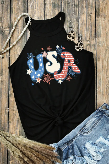 Black USA Letter Graphic Round Neck Tank 