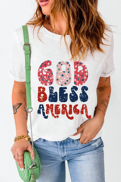 White God Bless America Letter Graphic Round Neck Short Sleeve T-Shirt 