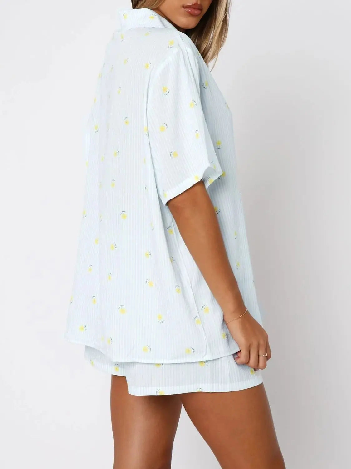 Light Green Valentine's Day Printed Collared Neck Short Sleeve Top and Shorts Set