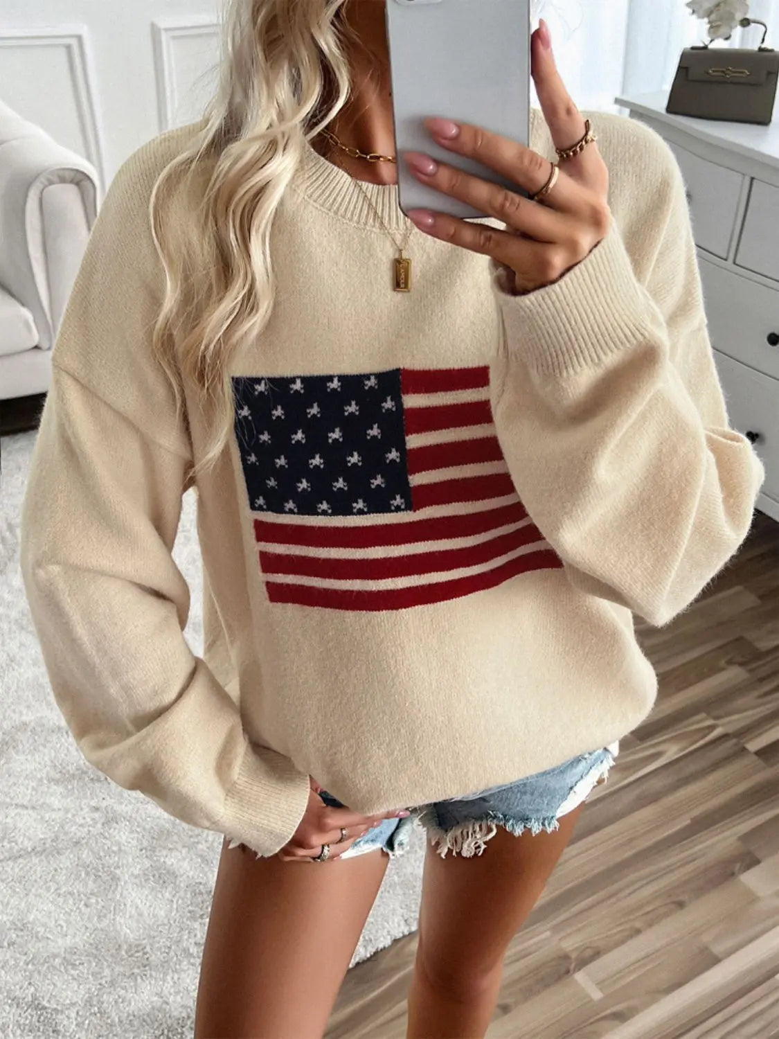 Beige US Flag Round Neck Long Sleeve Knit Top