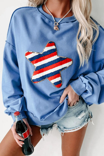 Exposed Seam Star Long Sleeve Sweatshirt for women, a stylish patriotic design with cozy fit, perfect for showing American pride