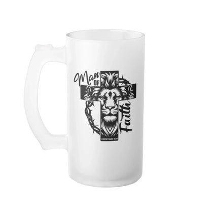 16oz frosted glass mug with lion, cross, and 'Man of Faith' text in black and white.