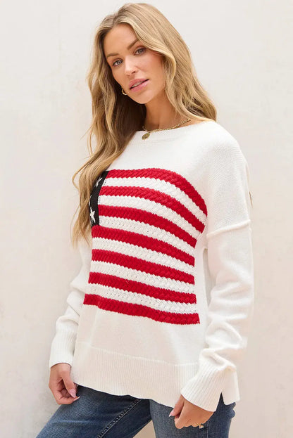 US Flag Round Neck Long Sleeve Knit Top for women, featuring a bold patriotic design, soft knit fabric, and a classic flattering fit.