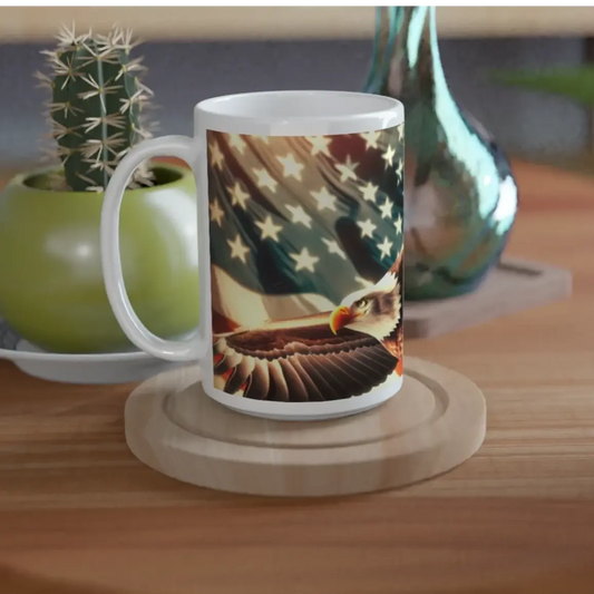 15oz ceramic mug featuring a bold eagle soaring against the American flag, perfect for showcasing your patriotism and love for the USA.