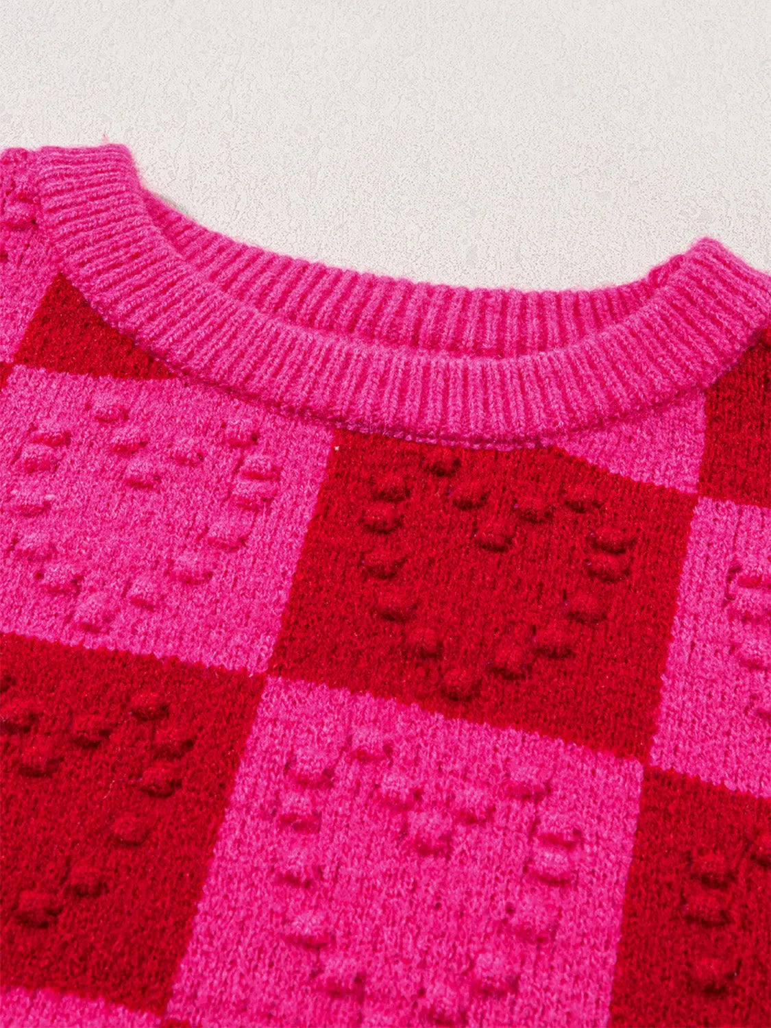 Scarlet Valentine's Plaid Heart Round Neck Sweater 