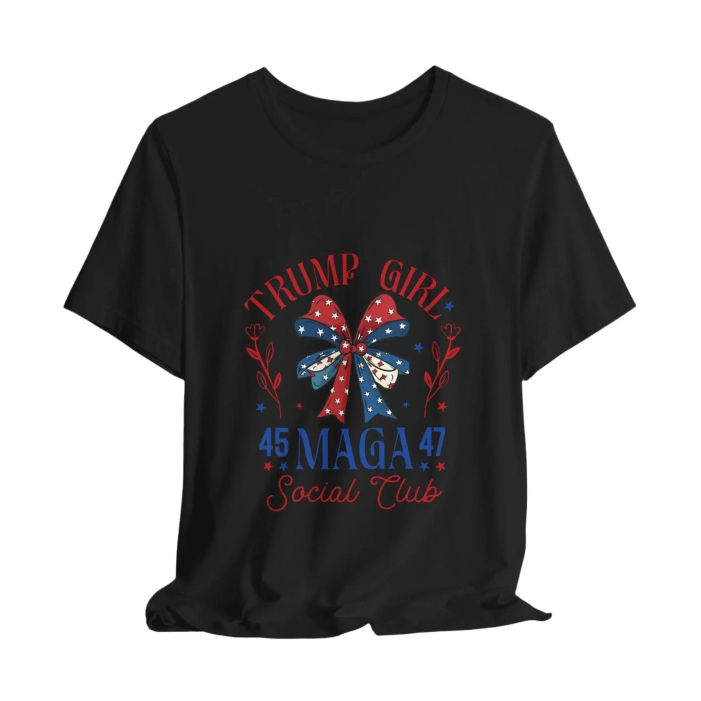 Black Trump Girl 45-47 Women's Tee – Bold patriotic design, short sleeve shirt for Trump supporters, stylish and comfortable.