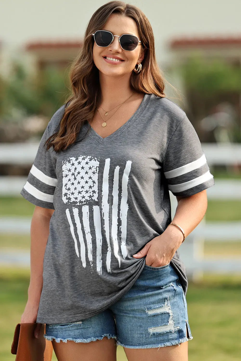 Plus Size US Flag Graphic V-Neck Tee Envy The Eagle