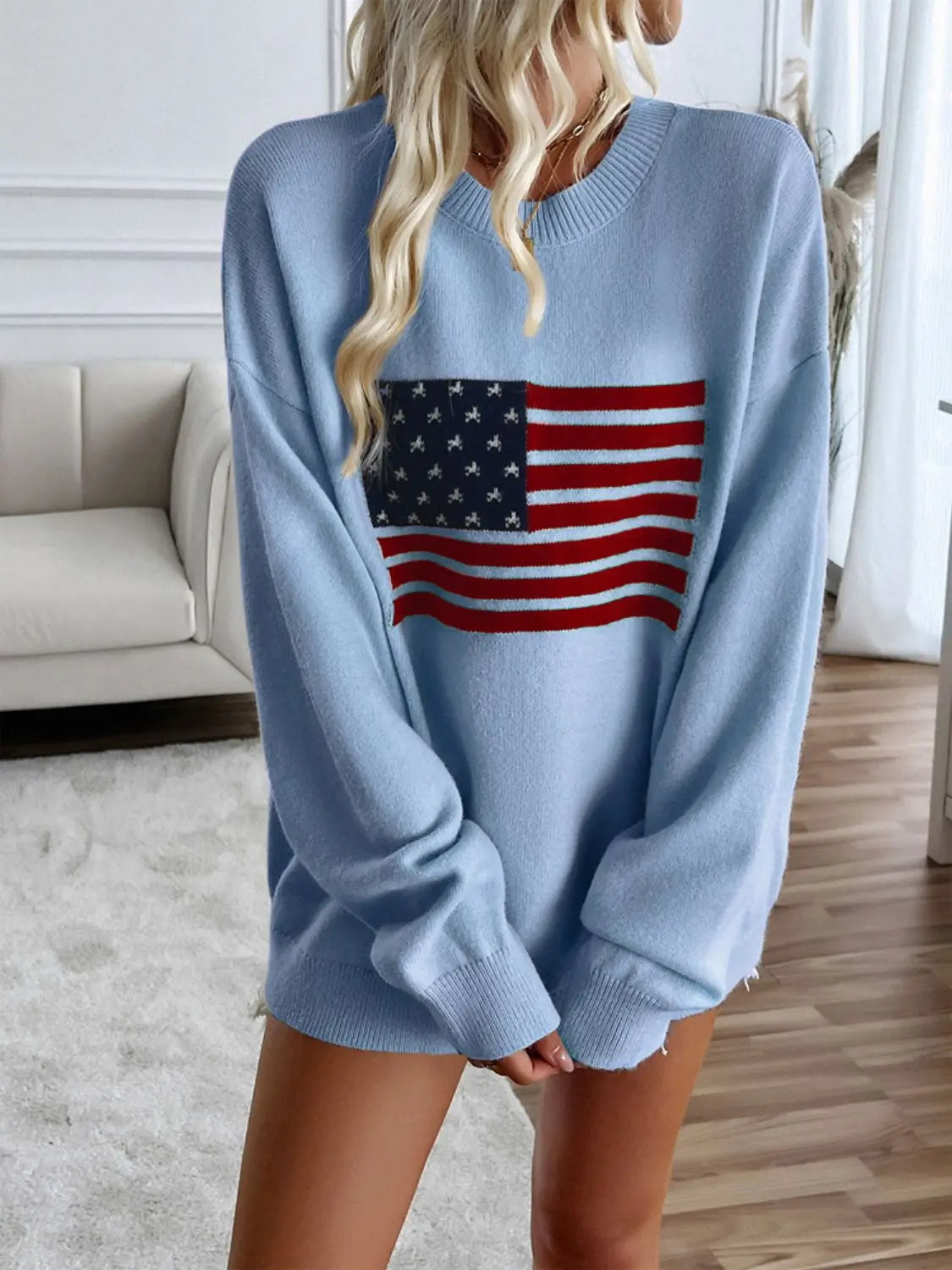 Light Blue US Flag Round Neck Long Sleeve Knit Top