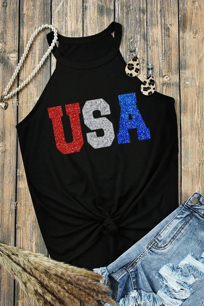 Flat lay of USA Grecian Neck Cami for women, a chic and flattering patriotic top with versatile style. Perfect for casual or special occasions.