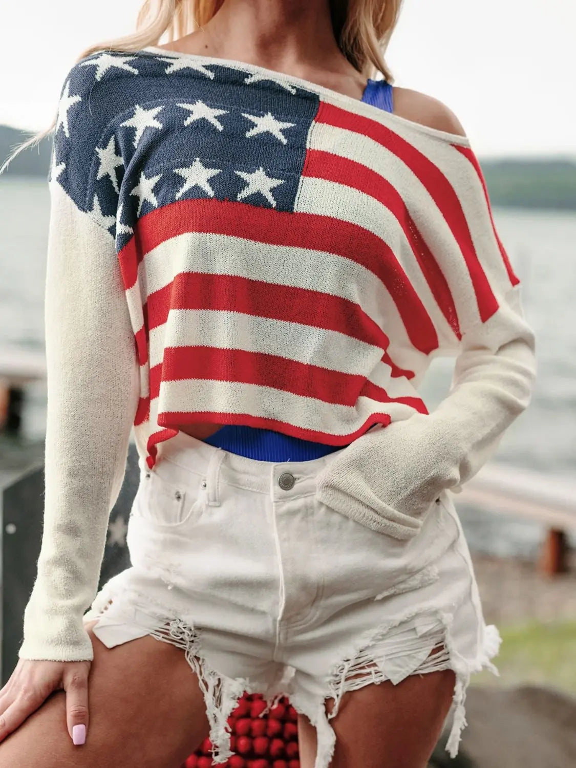 US Flag Boat Neck Long Sleeve Knit Top Envy The Eagle