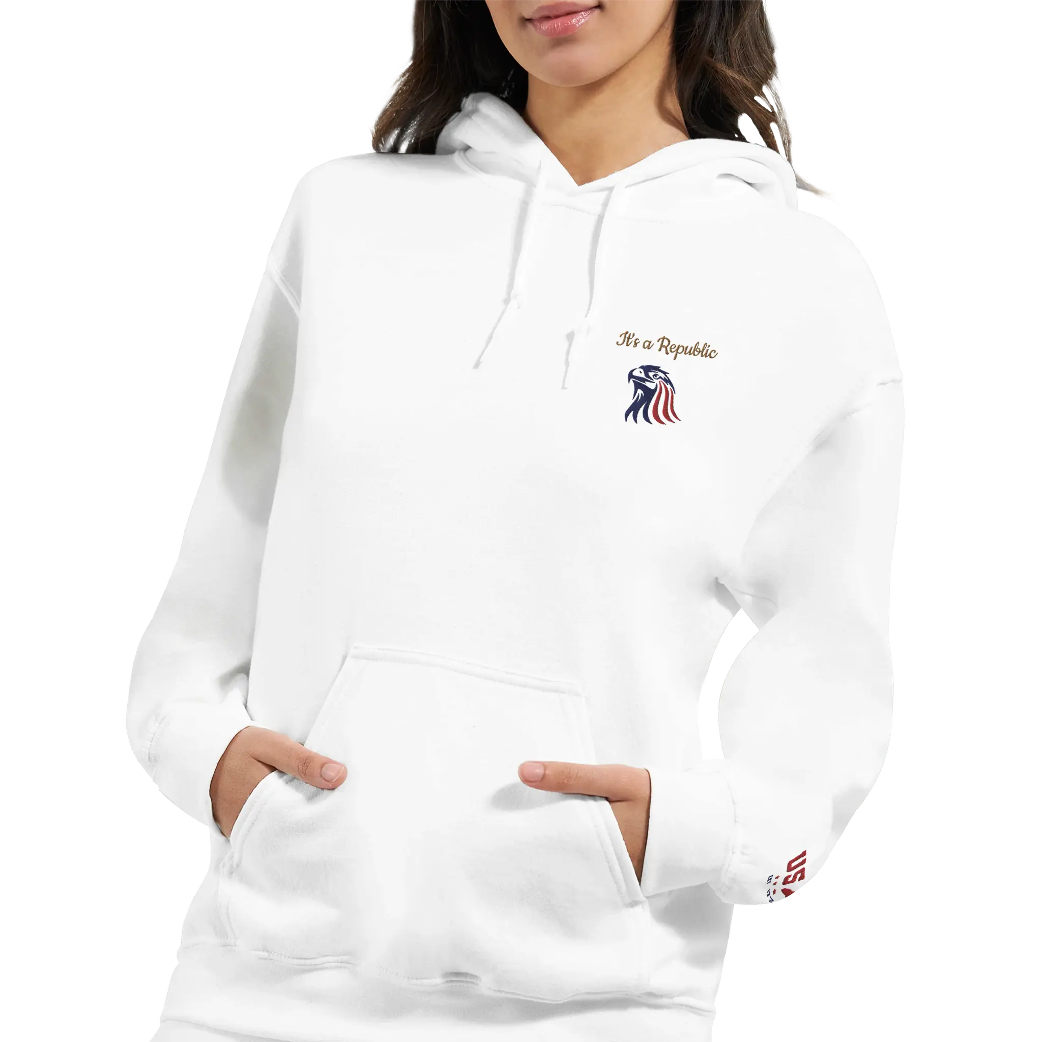 Lady wearing Embroidered 'It's A Republic' Eagle Hoodie featuring a bold eagle design, classic unisex fit, premium fabric, and patriotic style.