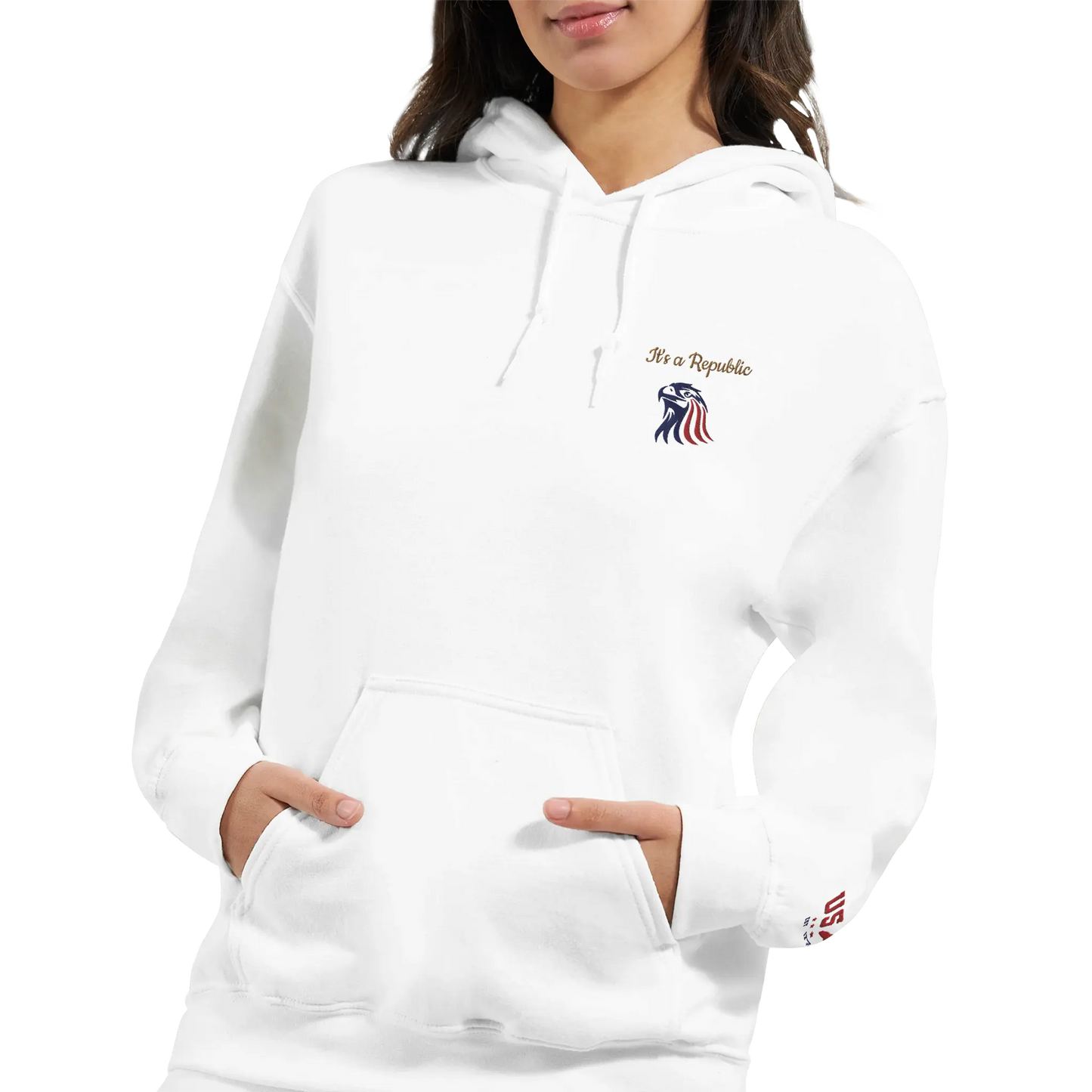 Lady wearing Embroidered 'It's A Republic' Eagle Hoodie featuring a bold eagle design, classic unisex fit, premium fabric, and patriotic style.