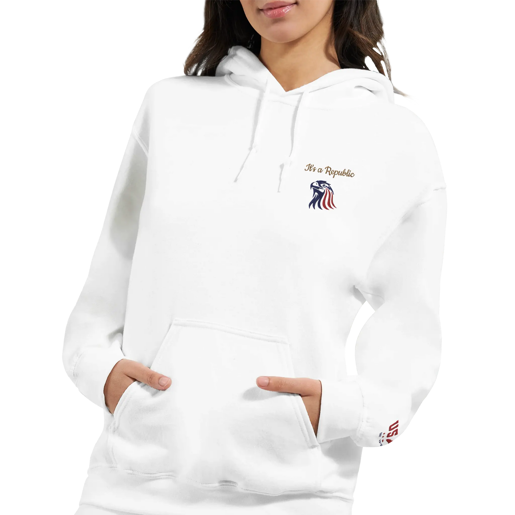 Lady wearing Embroidered 'It's A Republic' Eagle Hoodie featuring a bold eagle design, classic unisex fit, premium fabric, and patriotic style.