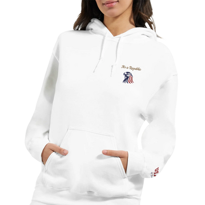 Lady wearing Embroidered 'It's A Republic' Eagle Hoodie featuring a bold eagle design, classic unisex fit, premium fabric, and patriotic style.