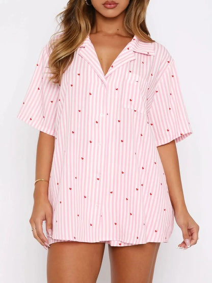 Valentine's Day Printed Collared Neck Short Sleeve Top and Shorts Set