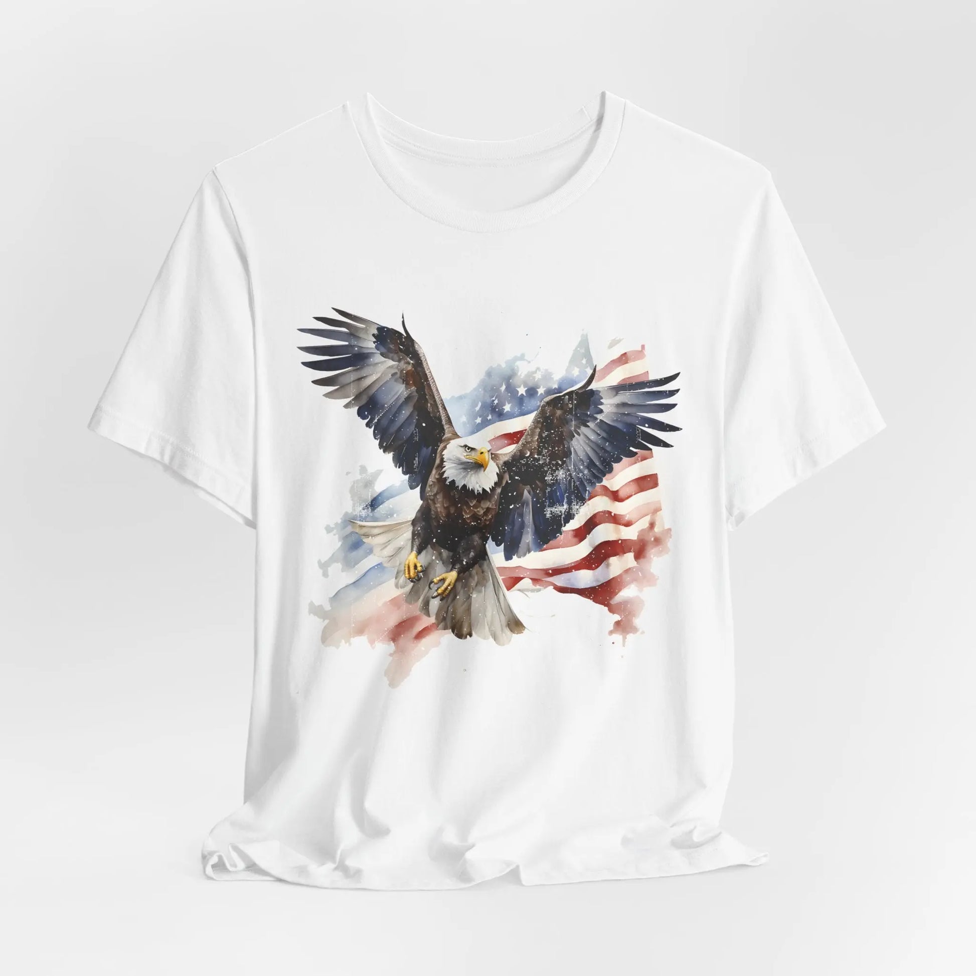 White tshrt with Bald Eagle flying in front of American Flag Patriotic