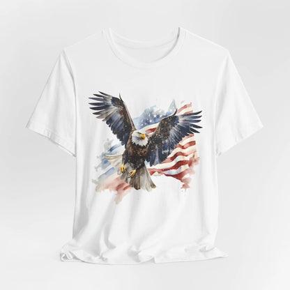 White tshrt with Bald Eagle flying in front of American Flag Patriotic