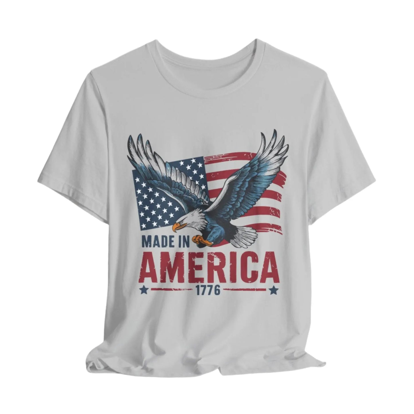 Athletic Grey eagle and flag design on a t-shirt with the text 'Made in America 1776' symbolizing patriotism and freedom.