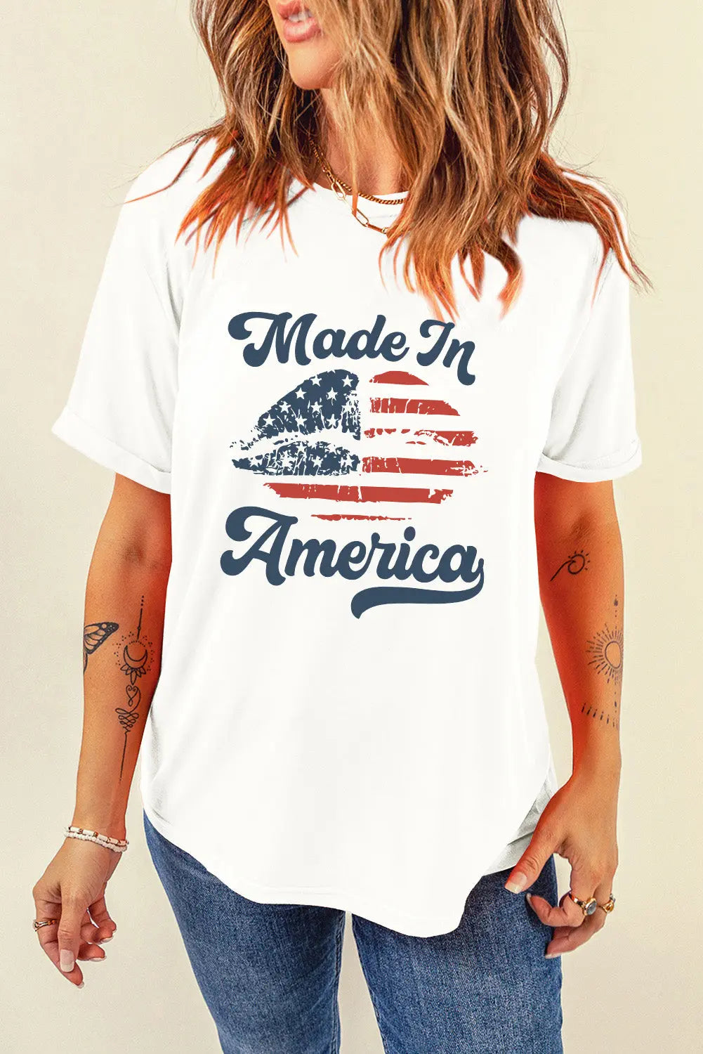 Lady wearing "Made In America" Graphic Round Neck Short Sleeve T-Shirt 