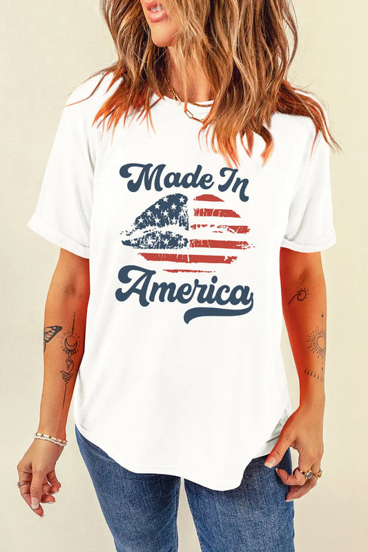 Lady wearing "Made In America" Graphic Round Neck Short Sleeve T-Shirt 