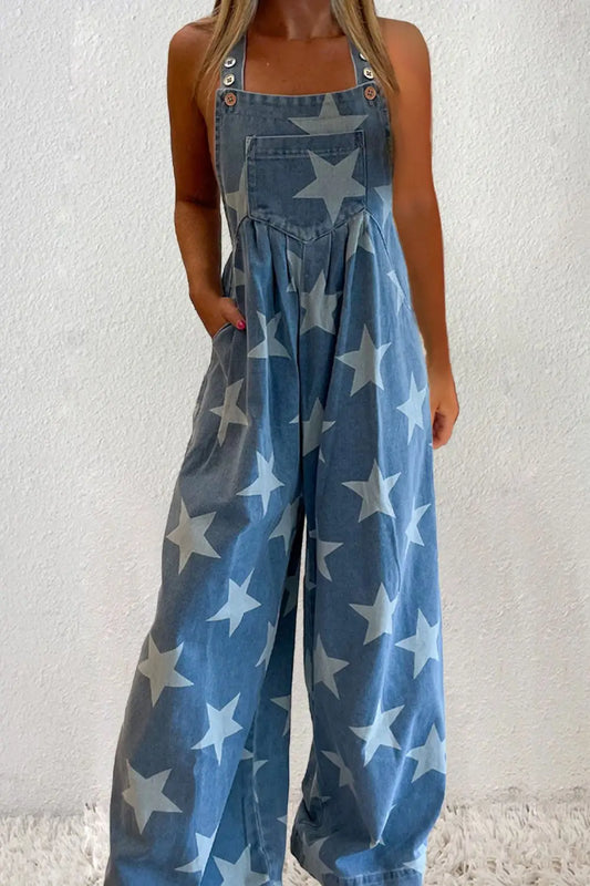 Starry Chic Square Neck Wide Leg Denim Overalls with trendy star accents, flattering fit, and comfortable wide-leg design for casual, stylish wear.