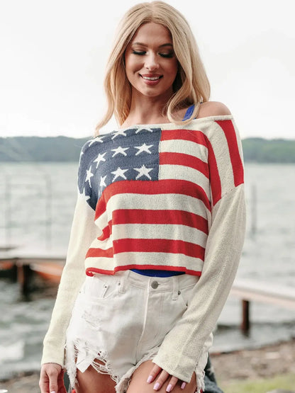 US Flag Boat Neck Long Sleeve Knit Top Envy The Eagle