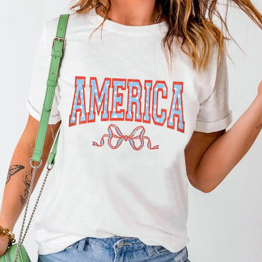 Sweet AMERICA Round Neck Short Sleeve T-Shirt for women, a stylish, comfortable patriotic tee perfect for showcasing American pride.