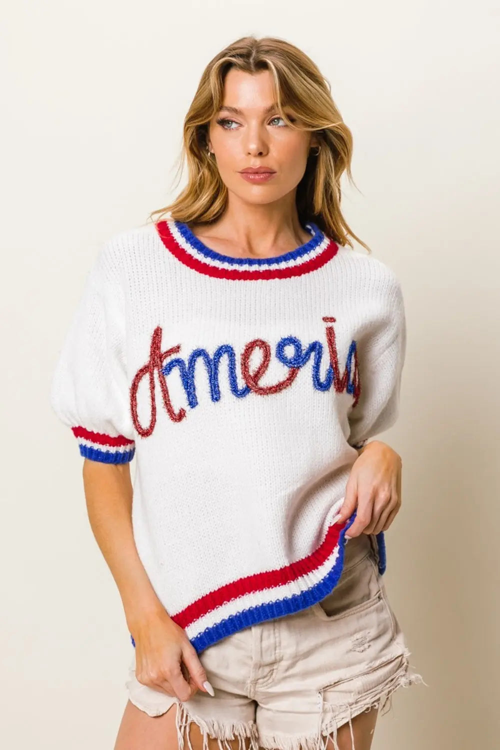 Metallic America Letter Short Sleeve Sweater Envy The Eagle