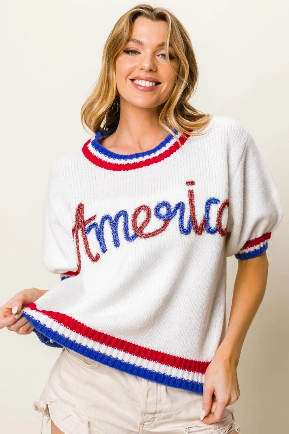 Metallic America Letter Short Sleeve Sweater Envy The Eagle