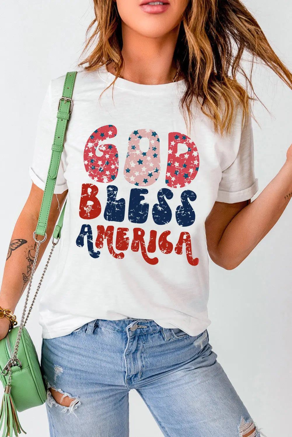 White God Bless America Letter Graphic Round Neck Short Sleeve T-Shirt 