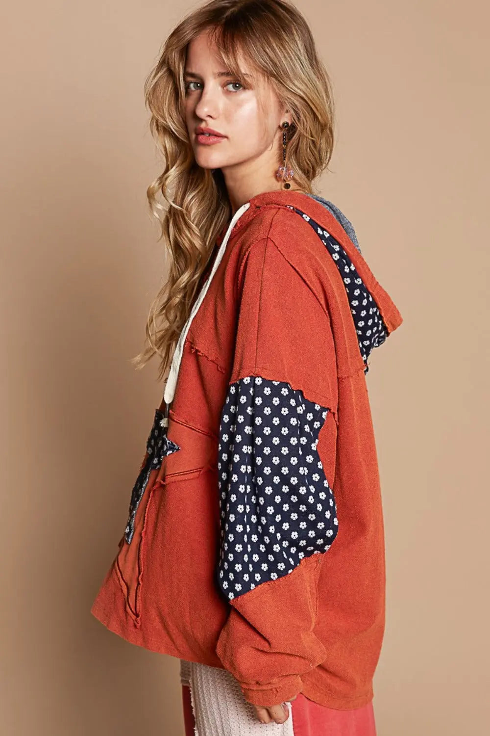 Side view Patriotic Star Patchwork Raw Edge Hoodie in French Terry fabric, perfect for bold style and comfort. Shop now