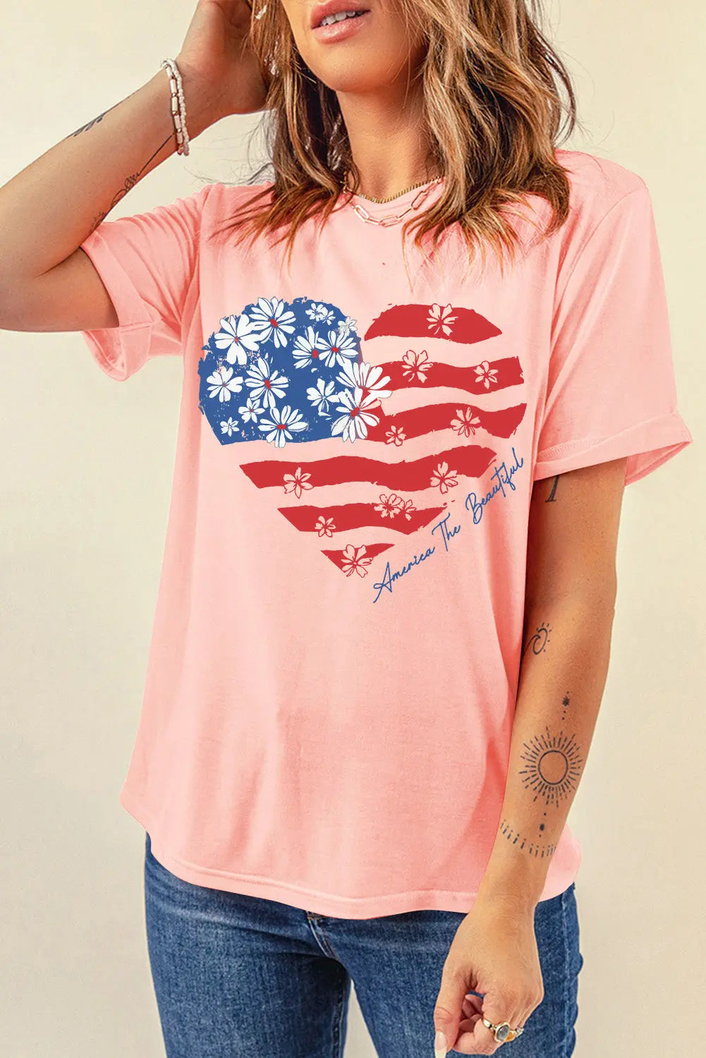 Heart Round Neck Short Sleeve T-Shirt 