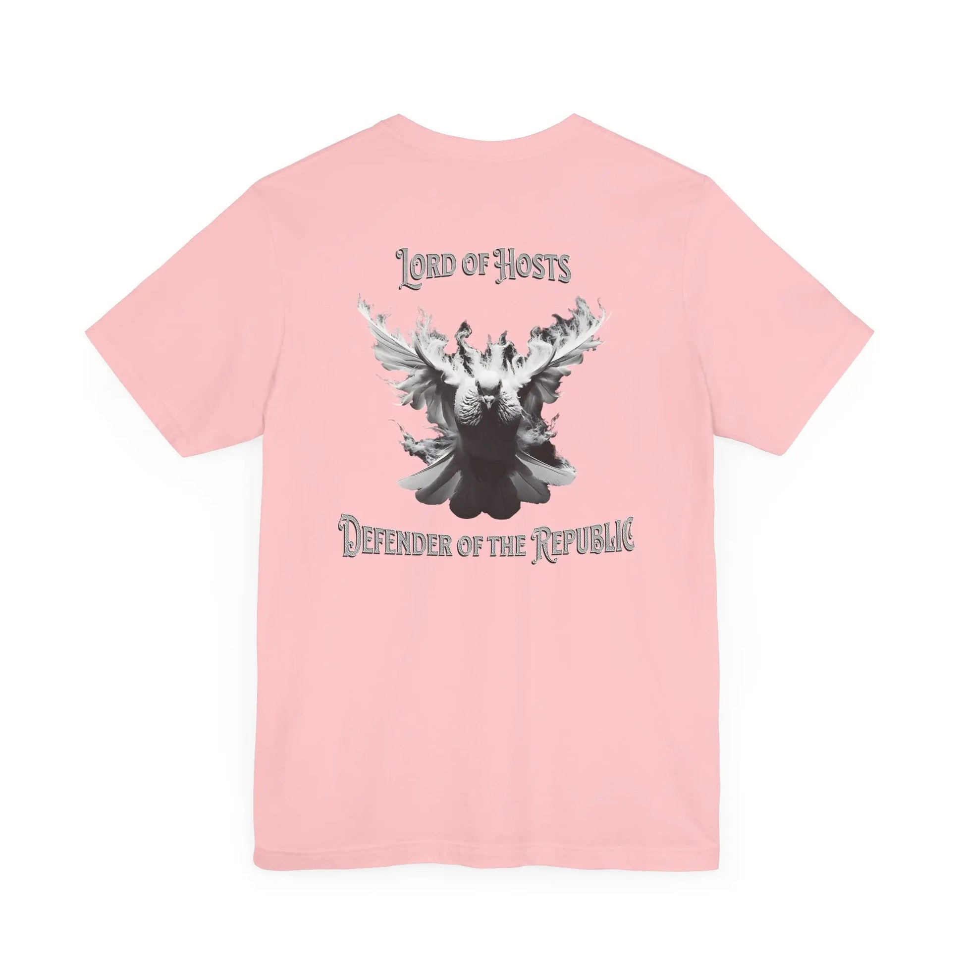 Pink T-shirt featuring a white dove and the text Lord Of Hosts Defender Of The  Republic in bold letters.