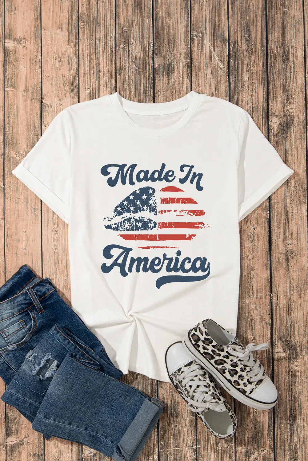 Flat Lay Made In America Graphic Round Neck Short Sleeve T-Shirt 