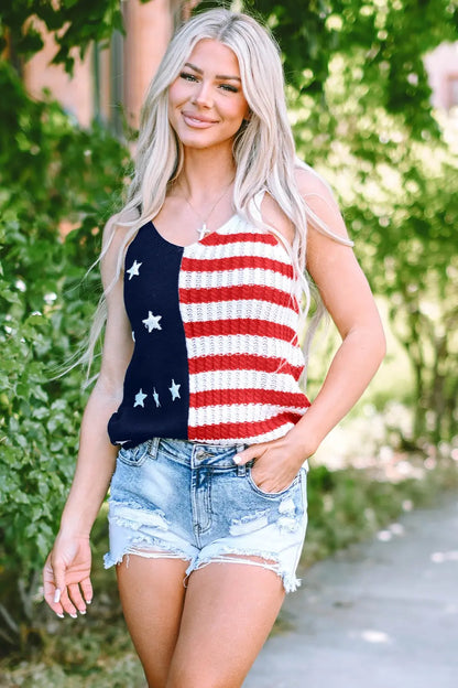 Stars & Stripes V-Neck Knit Cami, trendy patriotic design with a stylish fit, perfect for showing love for country and freedom.