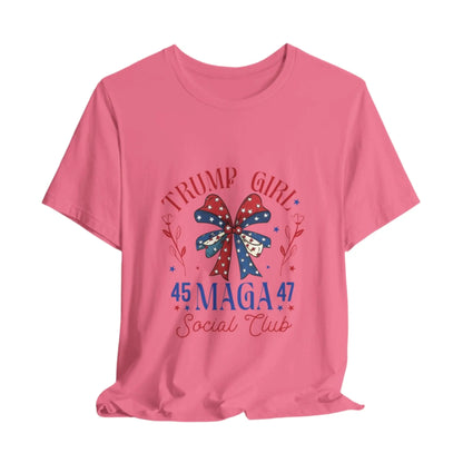 Charity Pink Trump Girl 45-47 Women's Tee – Bold patriotic design, short sleeve shirt for Trump supporters, stylish and comfortable.