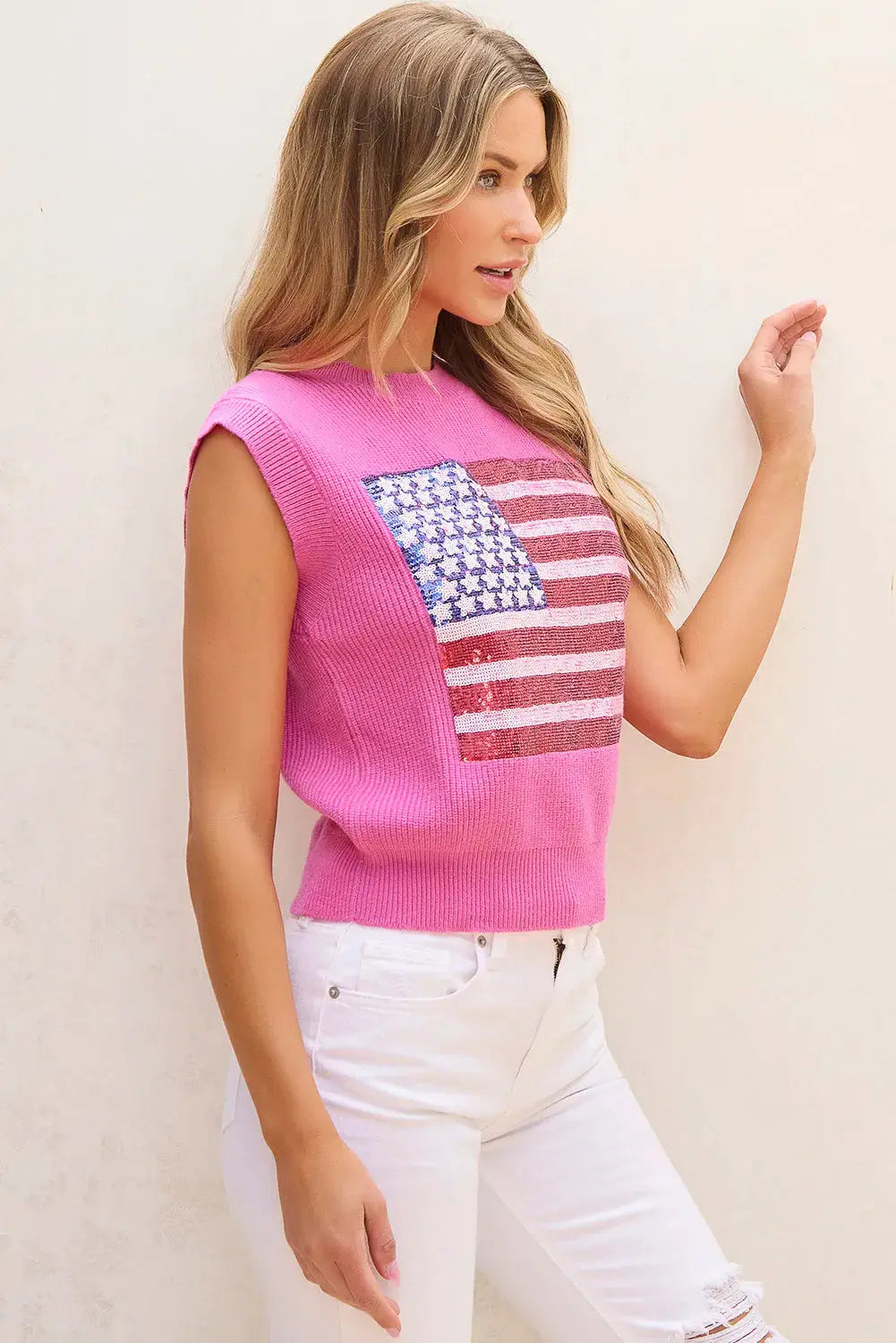 Sequin US Flag Round Neck Sweater Vest Envy The Eagle