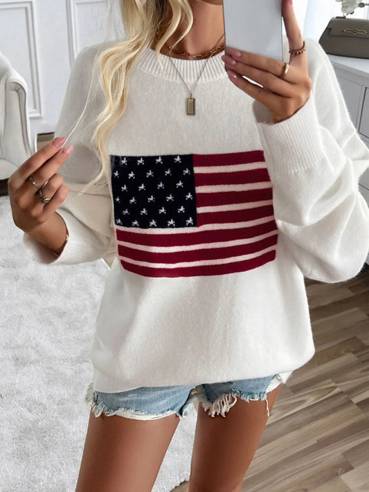 White US Flag Round Neck Long Sleeve Knit Top 