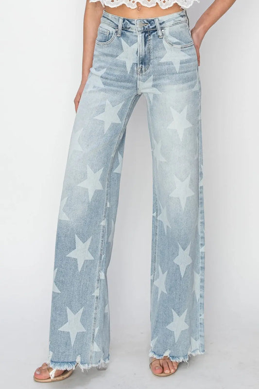 Full Size Raw Hem Star Wide Leg Jeans with trendy star accents, edgy raw hem, and flattering wide-leg fit for bold, stylish looks.