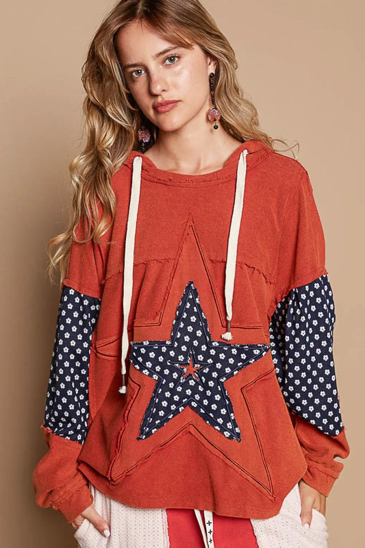 Patriotic Star Patchwork Raw Edge Hoodie in French Terry fabric, perfect for bold style and comfort. Shop now