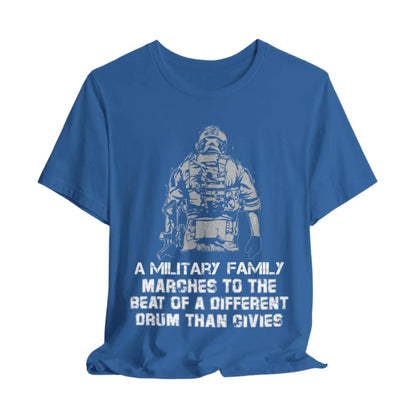 Columbia Blue t-shirt featuring a soldier with the text 'Military family marches to a different drum' representing strength and pride.