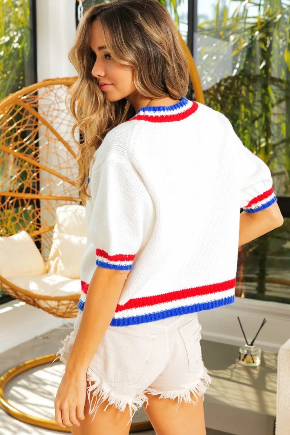 Metallic America Letter Short Sleeve Sweater Envy The Eagle