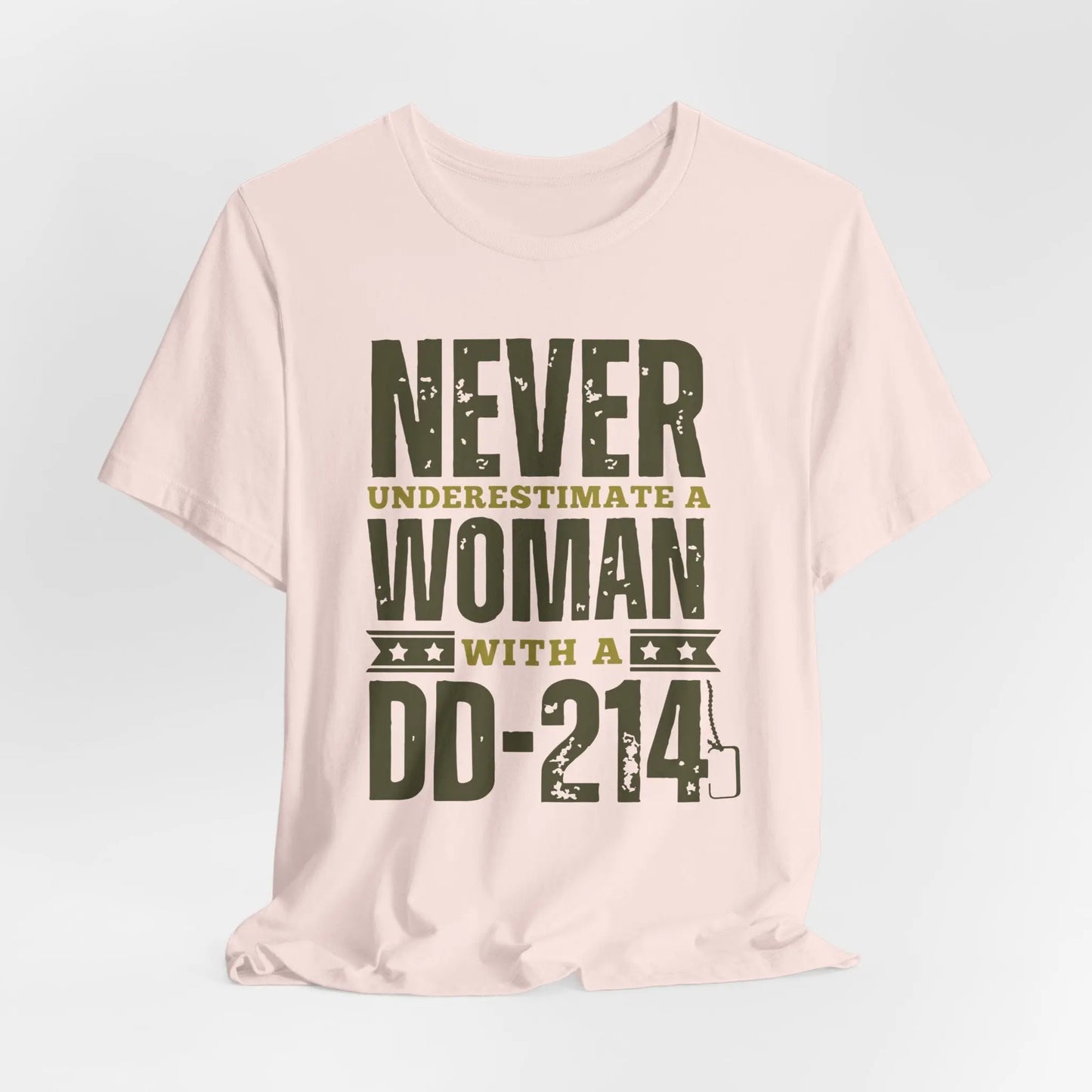 Soft Oink Military Women's Tee featuring 'Never Underestimate a Woman with a DD214' design. Perfect shirt for proud female veterans.