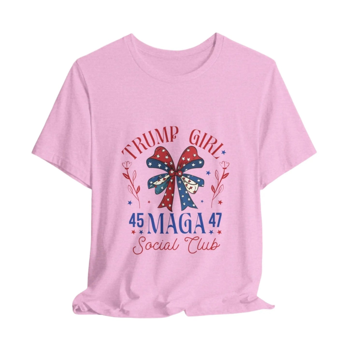 Bubble Gum Trump Girl 45-47 Women's Tee – Bold patriotic design, short sleeve shirt for Trump supporters, stylish and comfortable.