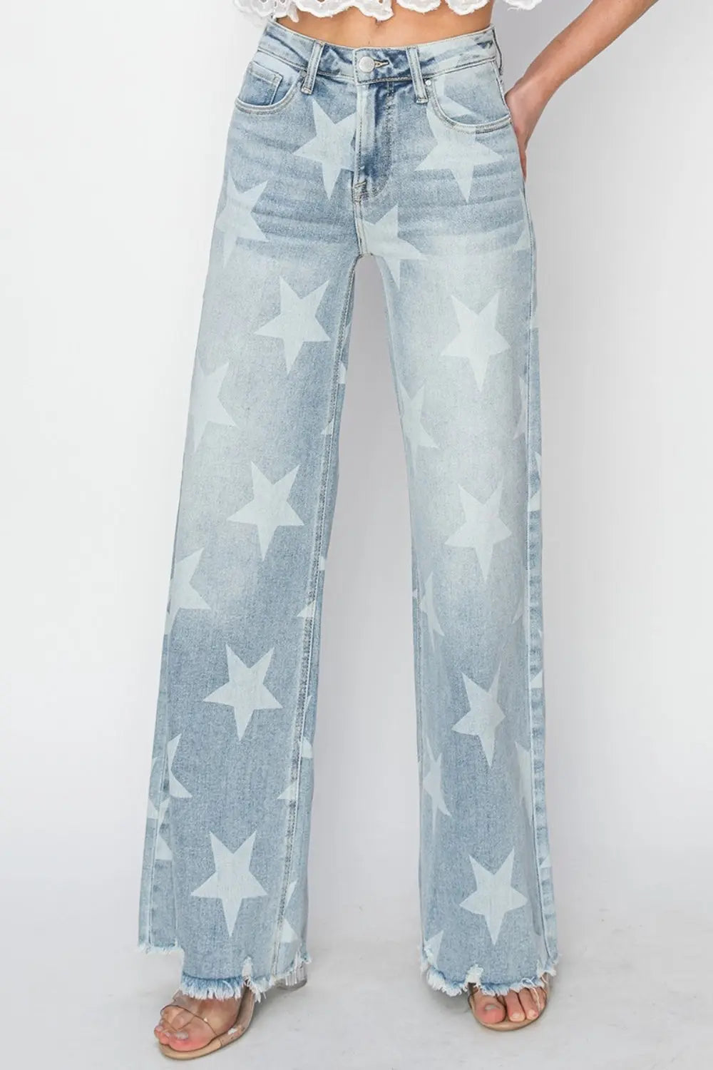 Full Size Raw Hem Star Wide Leg Jeans with trendy star accents, edgy raw hem, and flattering wide-leg fit for bold, stylish looks.