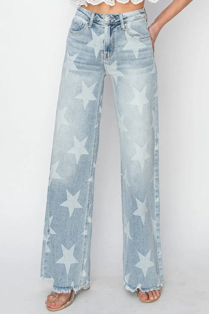 Full Size Raw Hem Star Wide Leg Jeans with trendy star accents, edgy raw hem, and flattering wide-leg fit for bold, stylish looks.