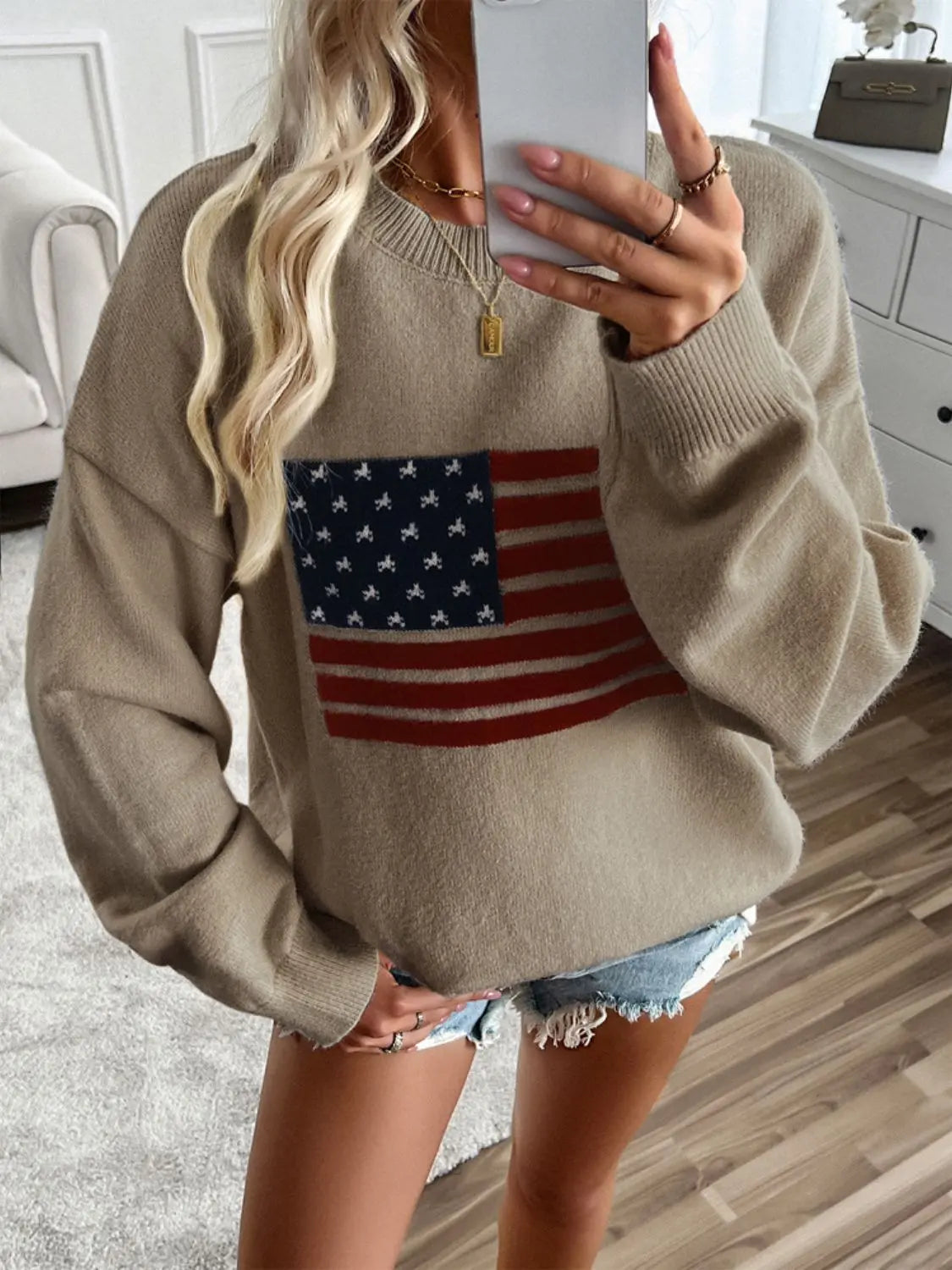 Mocha US Flag Round Neck Long Sleeve Knit Top