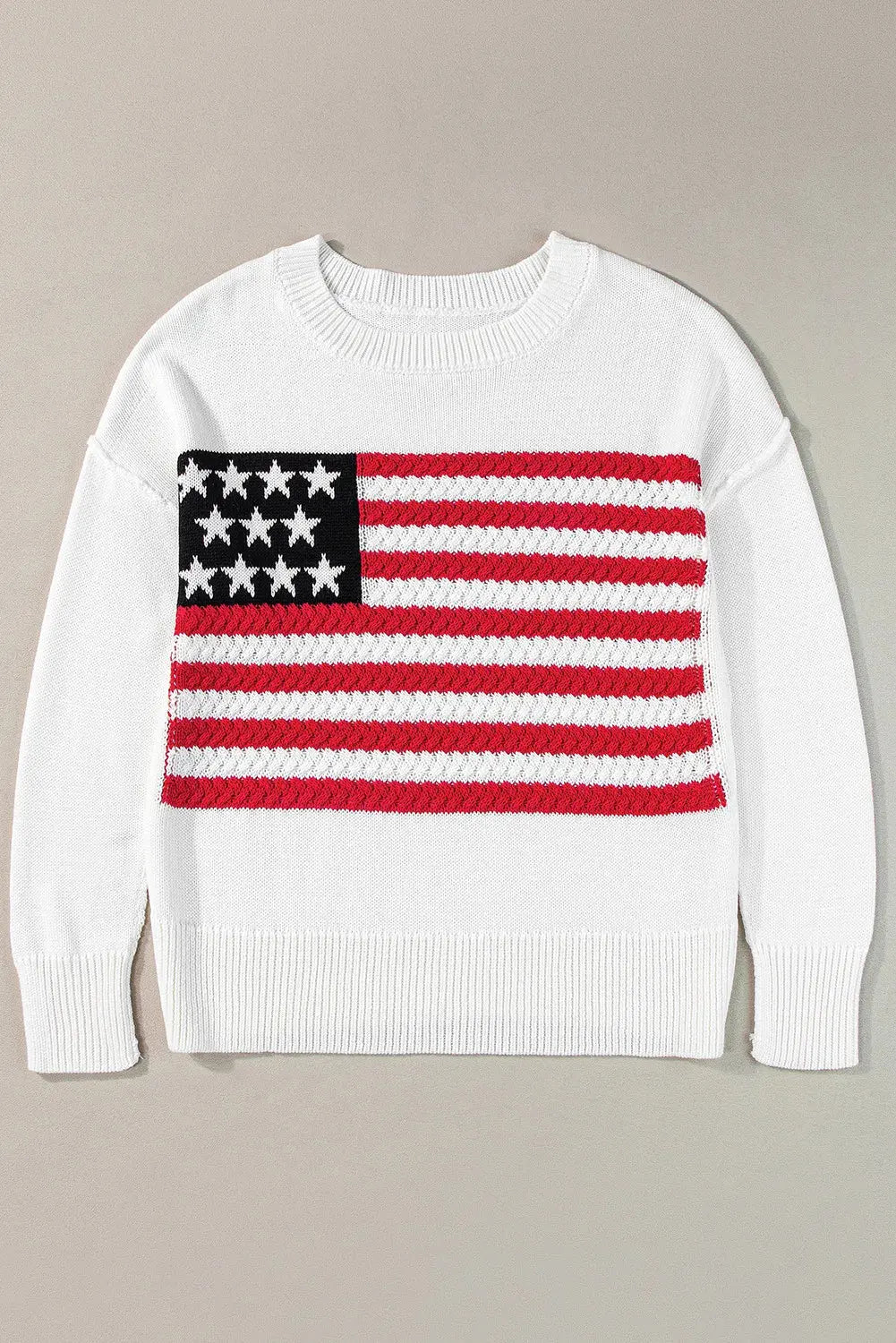 Flat lay US Flag Round Neck Long Sleeve Knit Top for women, featuring a bold patriotic design, soft knit fabric, and a classic flattering fit.