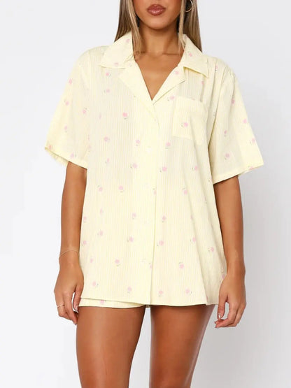 Light Yellow Valentine's Day Printed Collared Neck Short Sleeve Top and Shorts Set