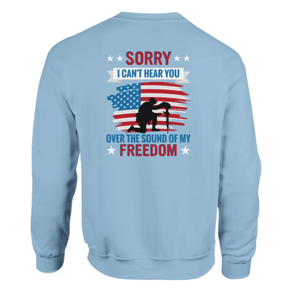 Light Blue Patriotic Over Freedom crewneck sweatshirt with bold back design, unisex fit, soft premium fabric, perfect for casual and stylish looks.